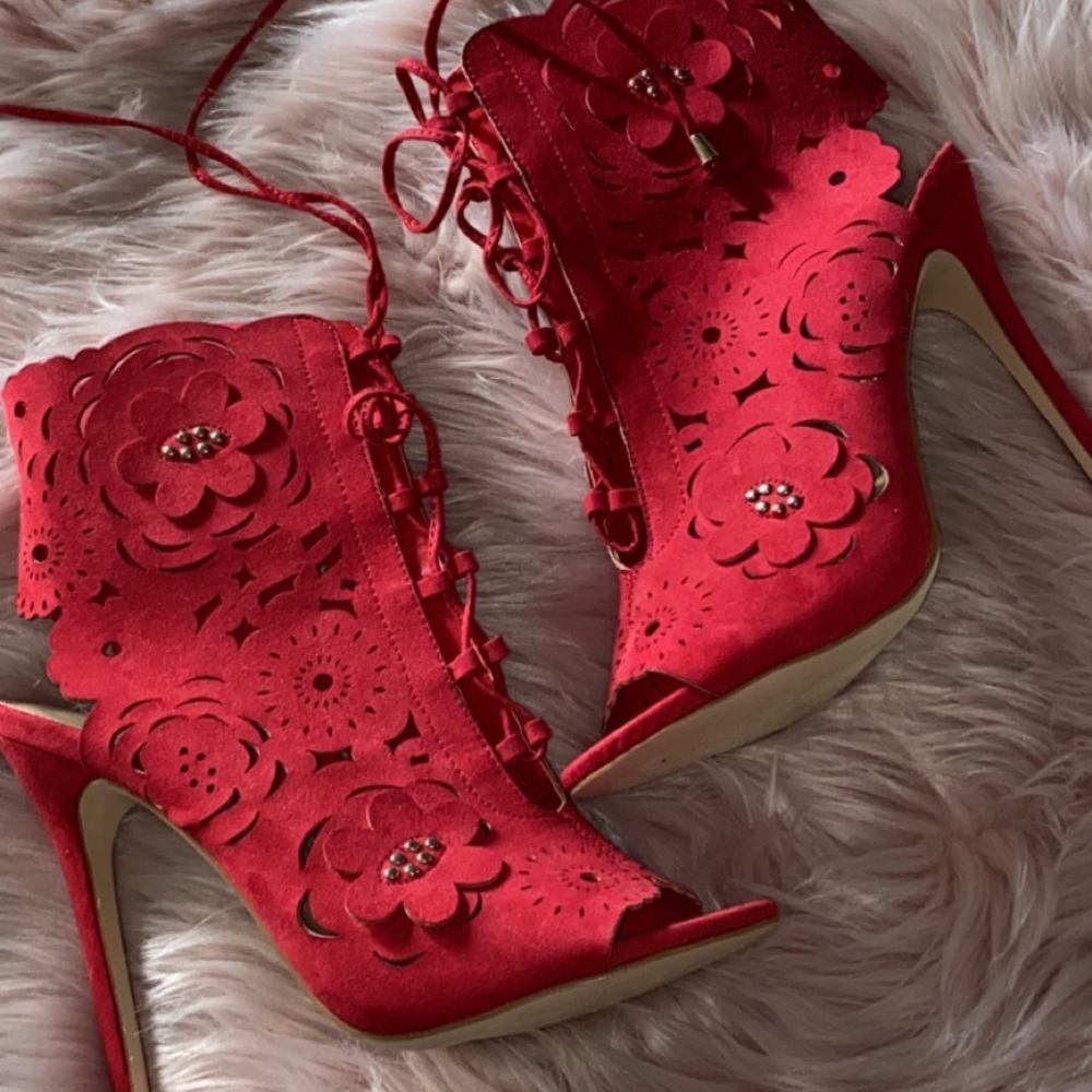 Red Strappy High Heeled Booties SZ 9.5